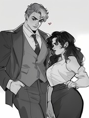 A man in a formal suit and a woman in a casual yet stylish outfit stand side by side, their contrasting attire reflecting their differing personalities and emotions.