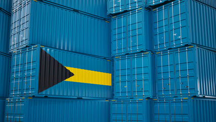 Cargo shipping container with bahamas flag, shipping and freight transportation of bahamas concept.