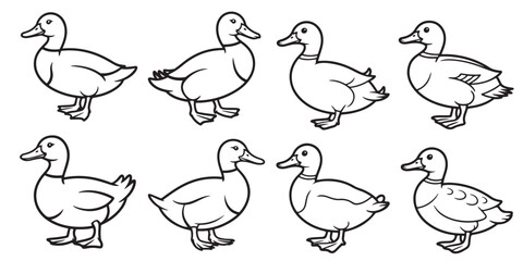 Silhouettes of Ducks Swimming on Water, Duck Silhouettes in Various Poses, Cute Cartoon Ducks Illustration Set Black and White