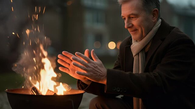Old Man Wearing Neckerchief Warming His Hands Near Campfire
