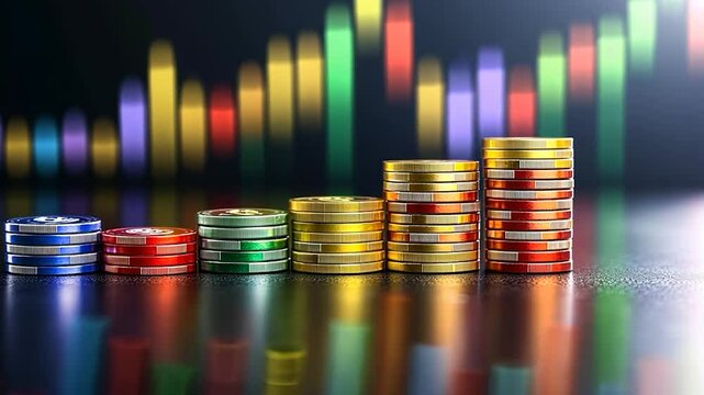 Financial Growth and Investment: Colorful Stacks of Casino Chips in Ascending Order Against a Blurred Stock Market Chart Background