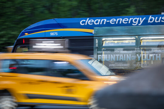 New York, New York, USA A clean-energy bus on Central Park West.