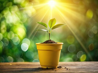 Upward Growth: Yellow Potted Plant with Green Leaf - Inspiring Nature Photography