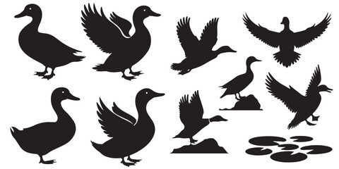 Silhouettes of Ducks Swimming on Water, Duck Silhouettes in Various Poses, Cute Cartoon Ducks Illustration Set Black and White