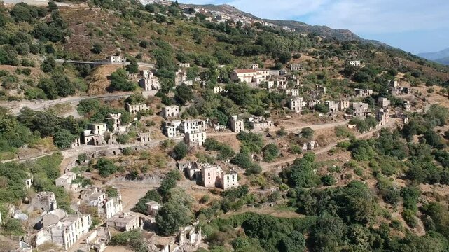 The drone view to the ghost town of Gairo Vecchio, Sardinia, Italy