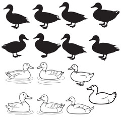Silhouettes of Ducks Swimming on Water, Duck Silhouettes in Various Poses, Cute Cartoon Ducks Illustration Set Black and White