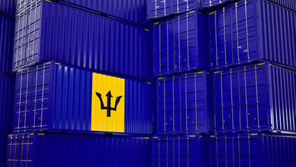Cargo shipping container with barbados flag, shipping and freight transportation of barbados concept.