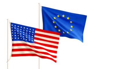 united states of america and European Union trade war concept, USA and European Union Flags together.