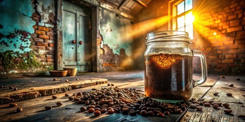 Urban Exploration Coffee: Mason Jar Brew, Grungy Industrial Aesthetic, Abandoned Building Photography