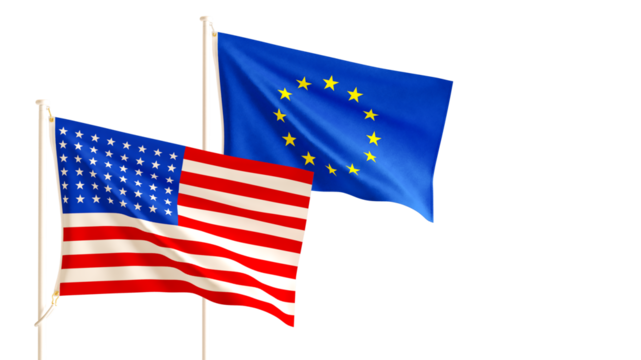 united states of america and European Union trade war concept, USA and European Union Flags together.