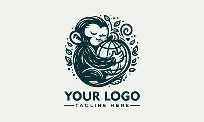 Fototapeta premium Illustrated monkey holding planet Earth gently with closed eyes and peaceful emotion. Environmental care concept 