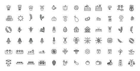 Collection of monochrome line art icons depicting various crops agricultural practices and related concepts