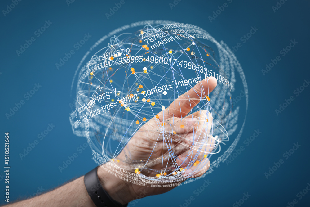 Poster abstract image of a hand interacting with a digital sphere filled with data and code.