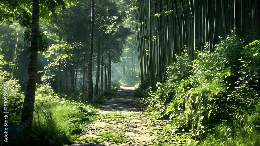 Poster exploring a tranquil forest path with lush greenery and sunlight streaming through trees
