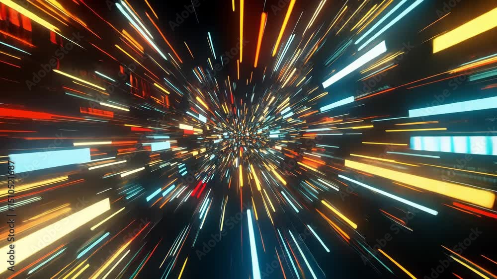 Poster exploring the vibrant energy and dynamic movement of a digital universe filled with colorful light t