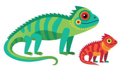 Obraz premium Two Colorful Cartoon Chameleons Green Striped Reptile and Small Red Lizard Illustration