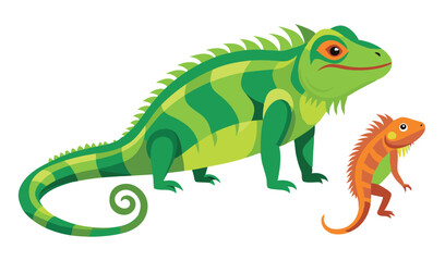Cartoon Illustration of Two Iguanas One Green Striped and the Other Orange on White