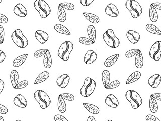 Seamless vector pattern featuring hand-drawn coffee beans and leaves in a simple black line art style on a white background. Perfect for cafe branding, packaging, textile, and wallpaper designs.