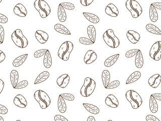 Fototapeta premium Seamless vector pattern featuring hand-drawn coffee beans and leaves in a simple brown line art style on a white background. Perfect for cafe branding, packaging, textile, and wallpaper designs.