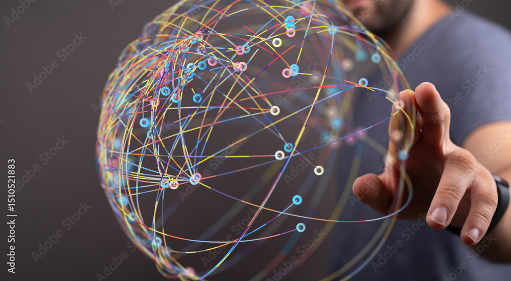 Poster abstract image of a man interacting with a digital sphere representing global networking and connect