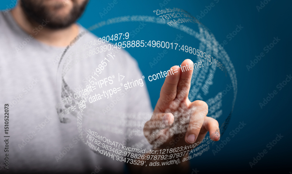 Leinwandbilder person touching a holographic sphere filled with programming code. futuristic technology concept.
