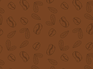 Seamless vector pattern featuring hand-drawn coffee beans and leaves in a simple brown line art style on a brown background. Perfect for cafe branding, packaging, textile, and wallpaper designs.