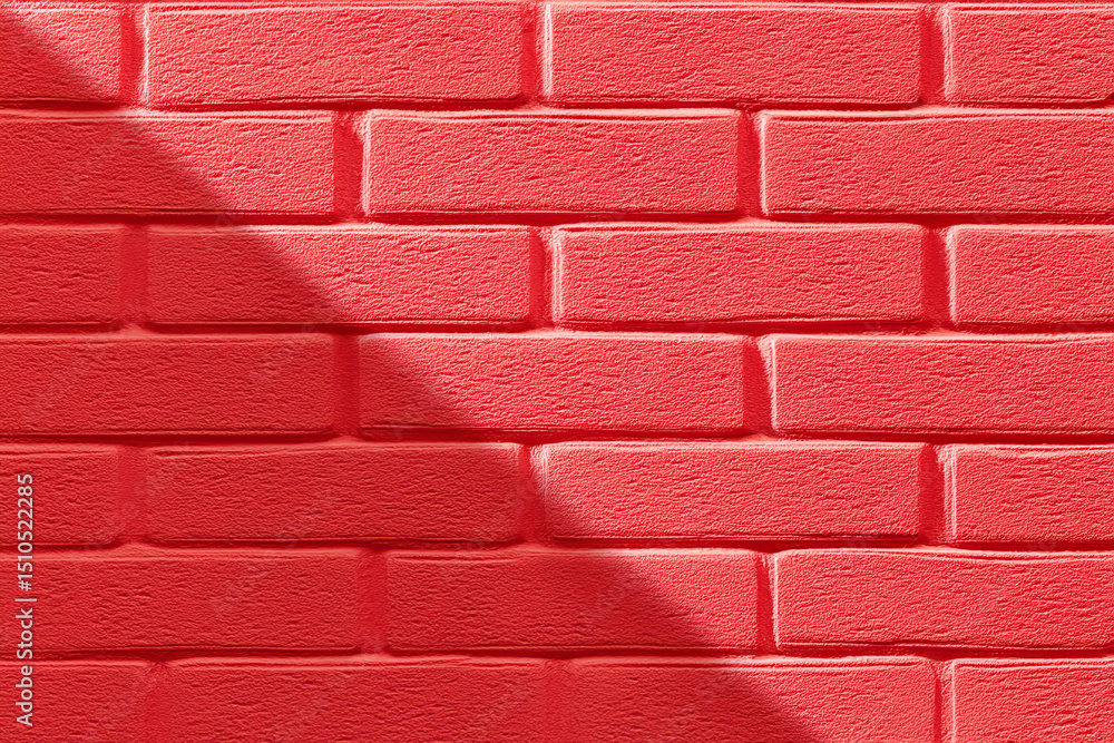 Poster red brick wall with textured surface and angled shadow creating striking pattern and vibrant color c