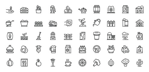Icons illustrate farming and agriculture plants tools produce structures and containers