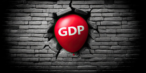 GDP impact market concept with red balloon breaking through brick wall symbolizing economic growth and influence