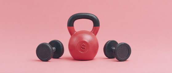 Glossy kettlebell piggy bank with dollar slot stands between two black dumbbells on pink background