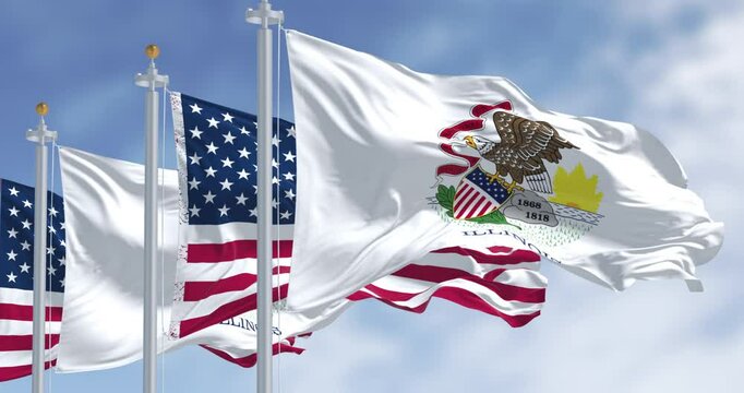 Illinois state flags waving with the national flag of the American flags