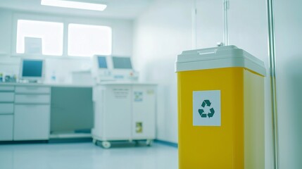 Yellow Recycling Bin in Medical Laboratory.