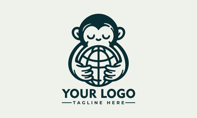 Illustrated monkey holding planet Earth gently with closed eyes and peaceful emotion. Environmental care concept
