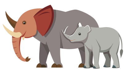 Fototapeta premium Cartoon Woolly Mammoth with Tusks and Baby Rhino Walking Side by Side