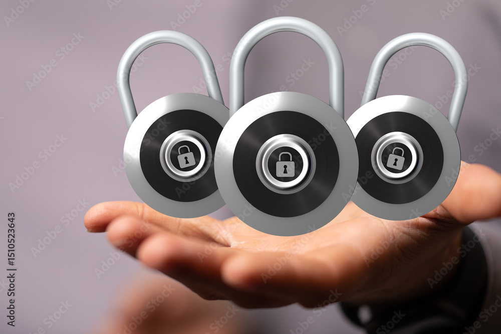 Poster Image of three padlocks in a hand, symbolizing data security and online safety.