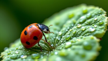 Fototapeta premium a ladybug taking off from a dewy clover leaf, macro close up, vibrant red shell and water droplets, dreamy soft background