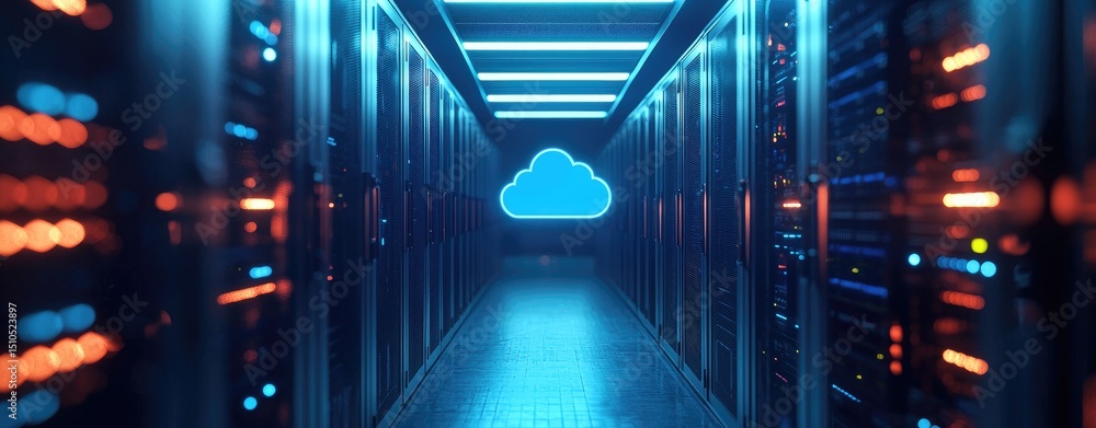 Leinwandbilder futuristic server corridor with glowing cloud icon symbolizing data center cloud computing, ideal fo