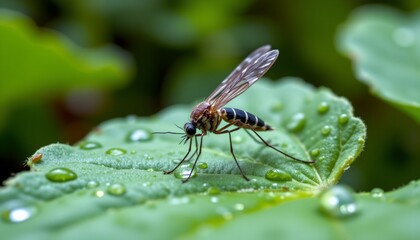 Fototapeta premium a mosquito standing on a clover leaf, macro zoom, translucent wings and wet surface, soft focus forest background