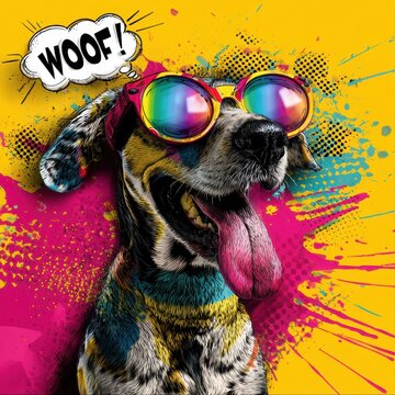 Pop Art Cartoon Dog Wearing Rainbow Sunglasses with Comic Woof Speech Bubble