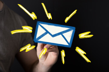 Hand drawing email icon with lightning bolts.  New message alert concept.