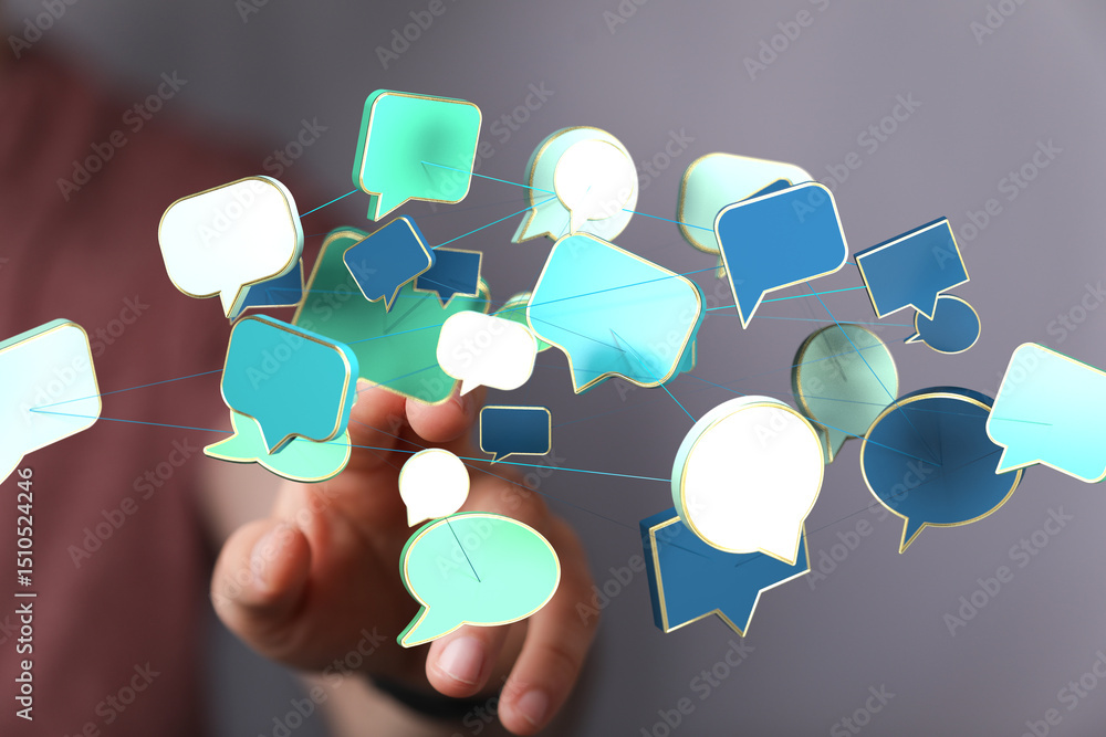 Poster abstract image of interconnected speech bubbles, symbolizing global communication and networking.