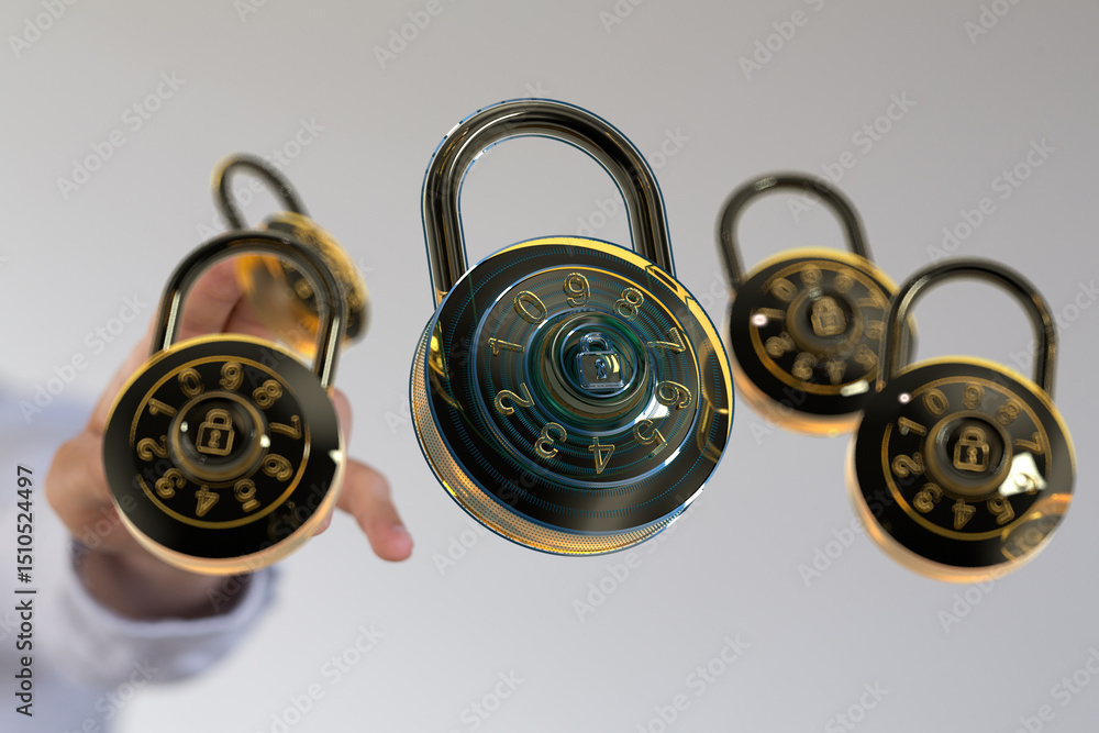 Poster High-quality image of several gold combination locks floating in the air, representing security and data protection.