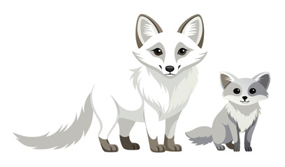 Arctic Fox Mother and Pup Cartoon Illustration on a White Background