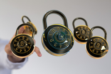 High-quality image of several gold combination locks floating in the air, representing security and...