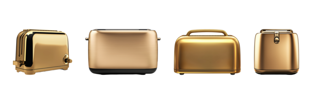 Golden Toaster Designs Set. Luxury Kitchen Appliance Collection Isolated On Transparent Background