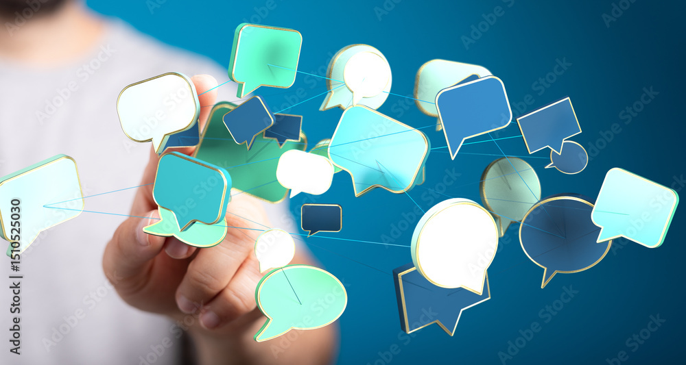 Poster image of interconnected speech bubbles, symbolizing global communication and networking.