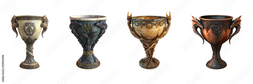 Poster ornate fantasy goblets set. medieval and mythical design collection isolated on transparent backgrou
