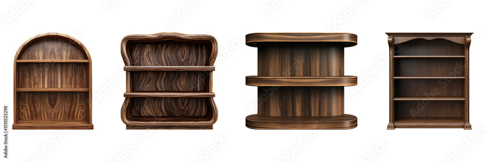 Poster wooden bookshelf designs set. elegant storage solutions collection isolated on transparent backgroun