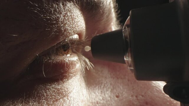 Close-up of eye pressure measurement with a modern applanation tonometer. Concept of ophthalmologic diagnostics and modern technologies.