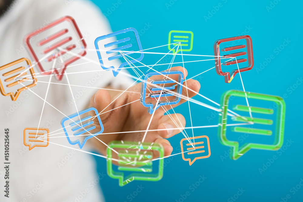 Poster hand interacting with a network of interconnected message bubbles, symbolizing global communication 
